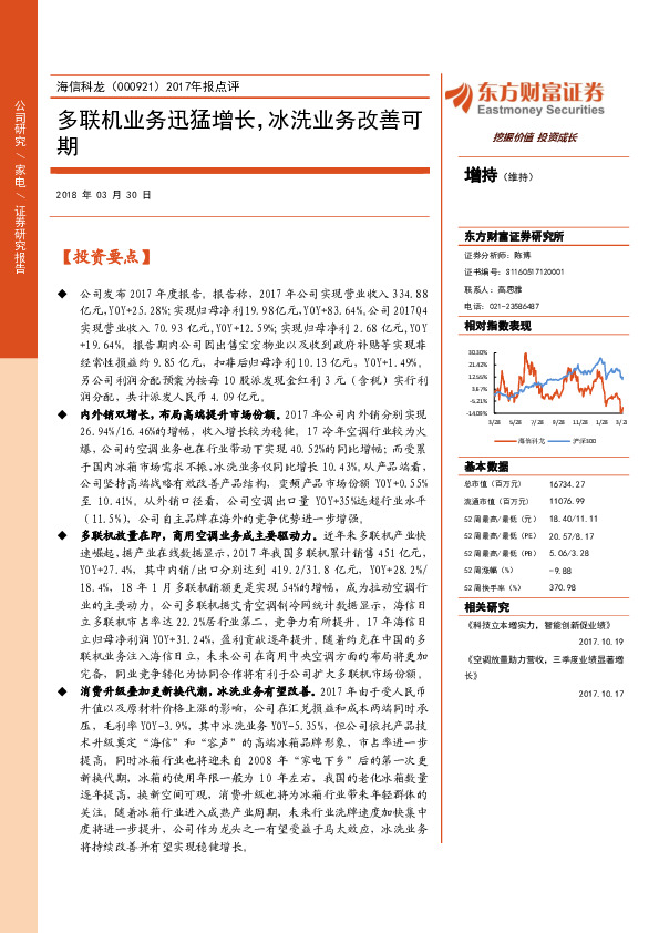 2017年报点评：多联机业务迅猛增长，冰洗业务改善可期