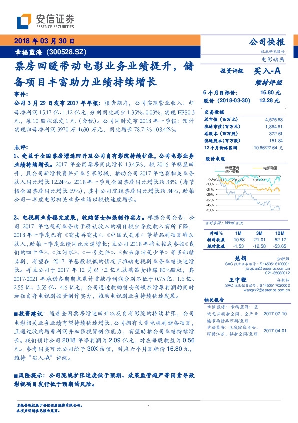 票房回暖带动电影业务业绩提升，储备项目丰富助力业绩持续增长
