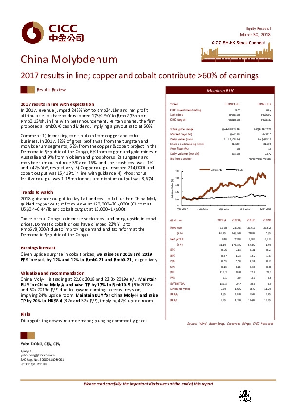 2017 results in line; copper and cobalt contribute >60% of earnings