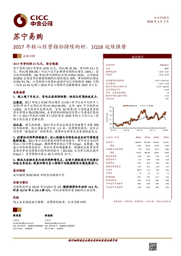 2017年核心经营指标持续向好，1Q18延续强势