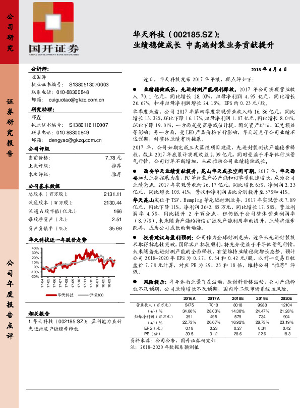业绩稳健成长 中高端封装业务贡献提升