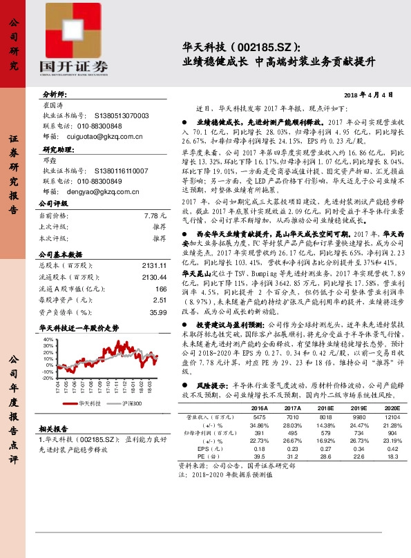 业绩稳健成长 中高端封装业务贡献提升