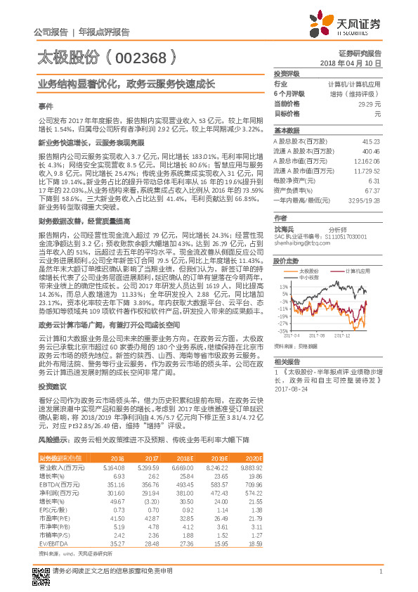 太极股份：业务结构显著优化，政务云服务快速成长
