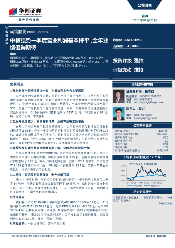 中板强势一季度营业利润基本持平，全年业绩值得期待