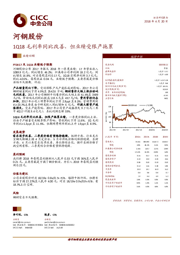 1Q18毛利率同比改善，但业绩受限产拖累
