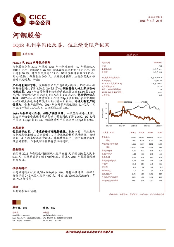 1Q18毛利率同比改善，但业绩受限产拖累