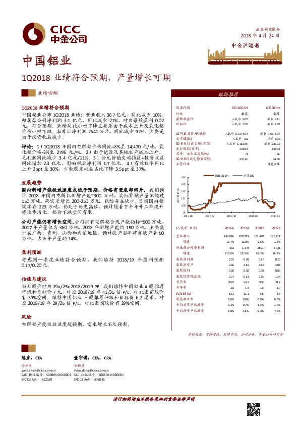 1Q2018业绩符合预期，产量增长可期