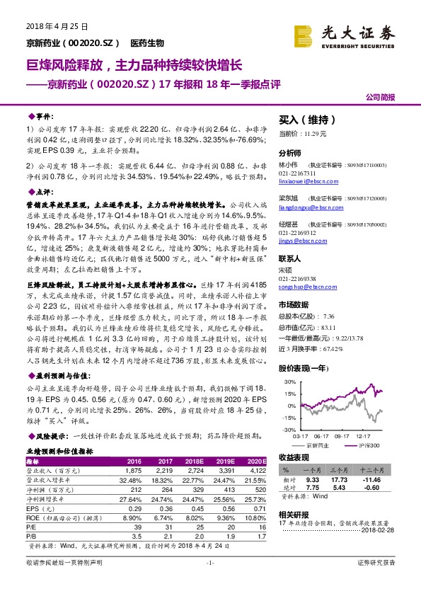 17年报和18年一季报点评：巨烽风险释放，主力品种持续较快增长
