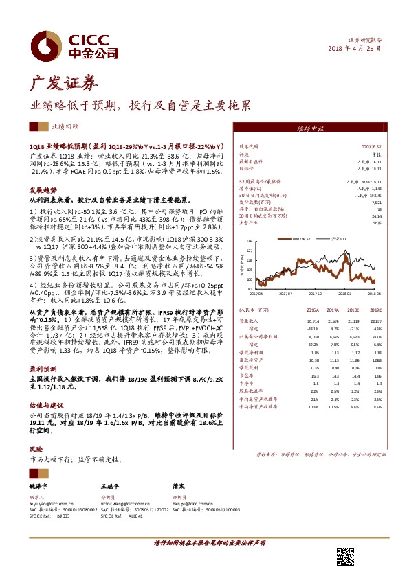 业绩略低于预期，投行及自营是主要拖累