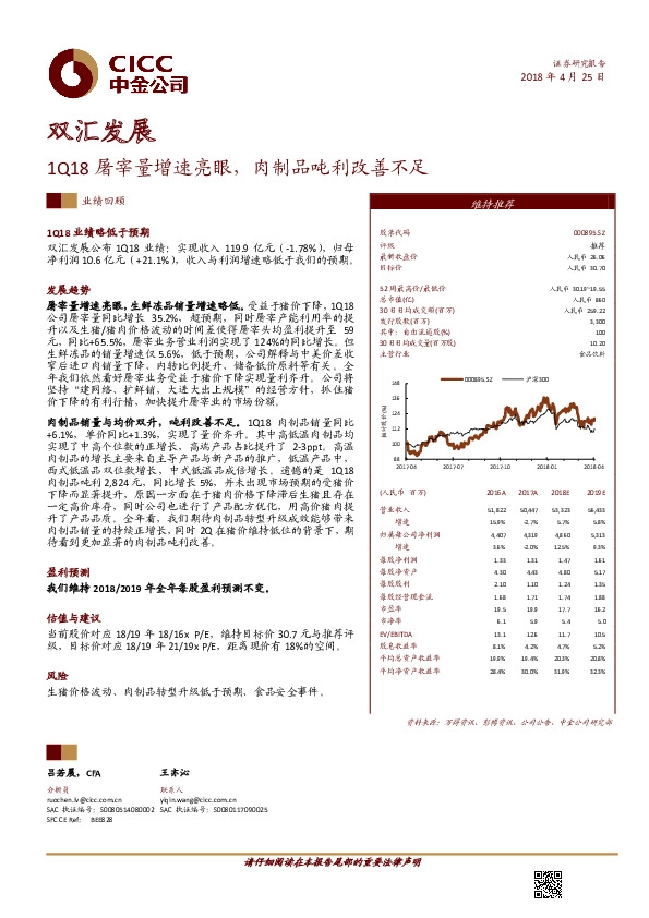 1Q18屠宰量增速亮眼，肉制品吨利改善不足