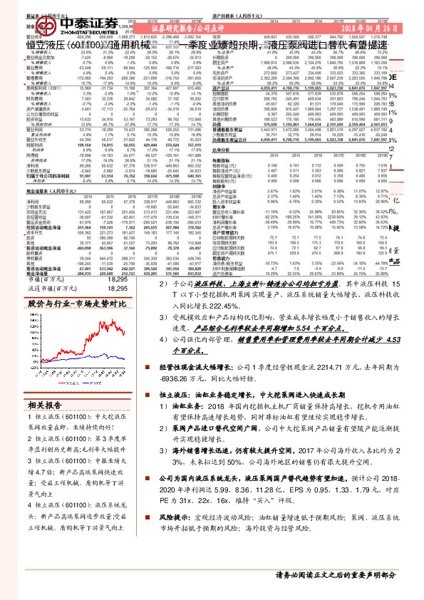 一季度业绩超预期，液压泵阀进口替代有望提速