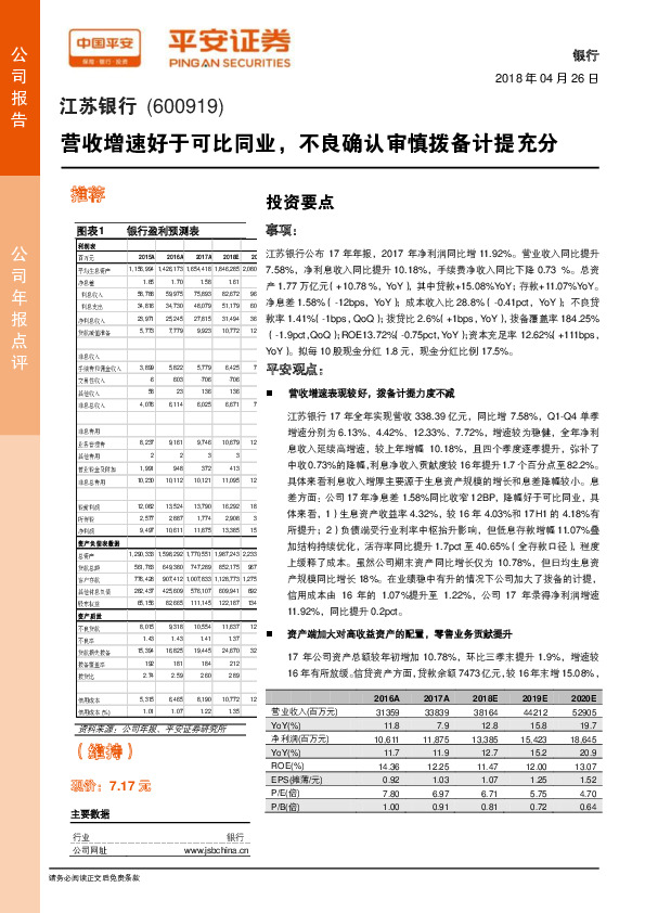 营收增速好于可比同业，不良确认审慎拨备计提充分