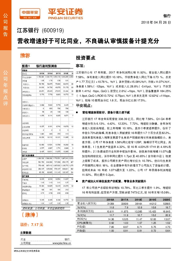 营收增速好于可比同业，不良确认审慎拨备计提充分