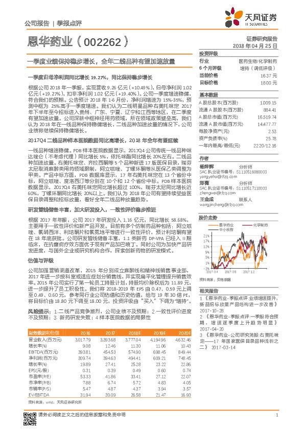 一季度业绩保持稳步增长，全年二线品种有望加速放量