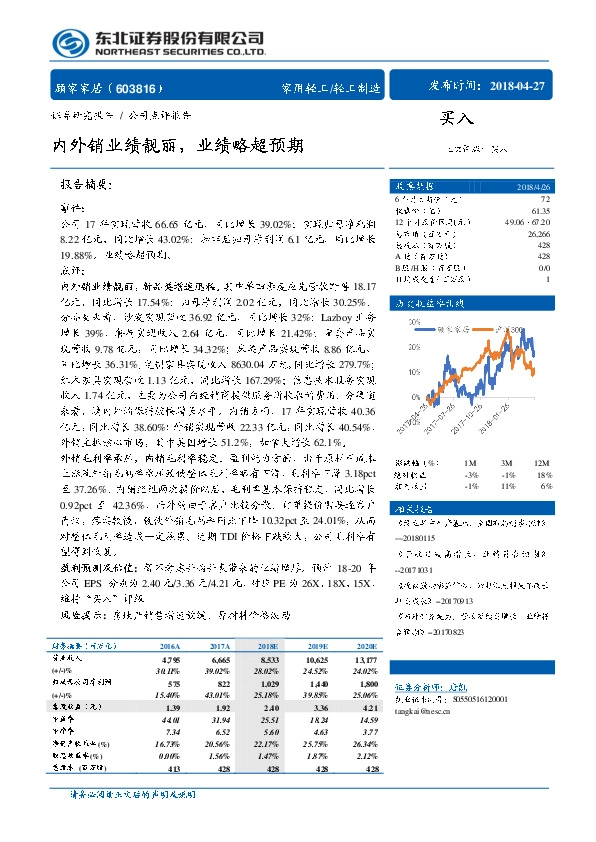 内外销业绩靓丽，业绩略超预期