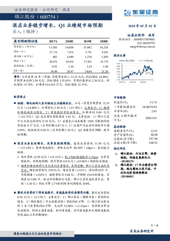 酒店业务稳步增长，Q1业绩超市场预期