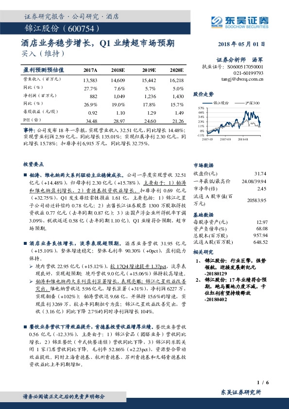 酒店业务稳步增长，Q1业绩超市场预期