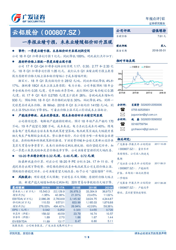 一季报业绩亏损，未来业绩随铝价回升显现