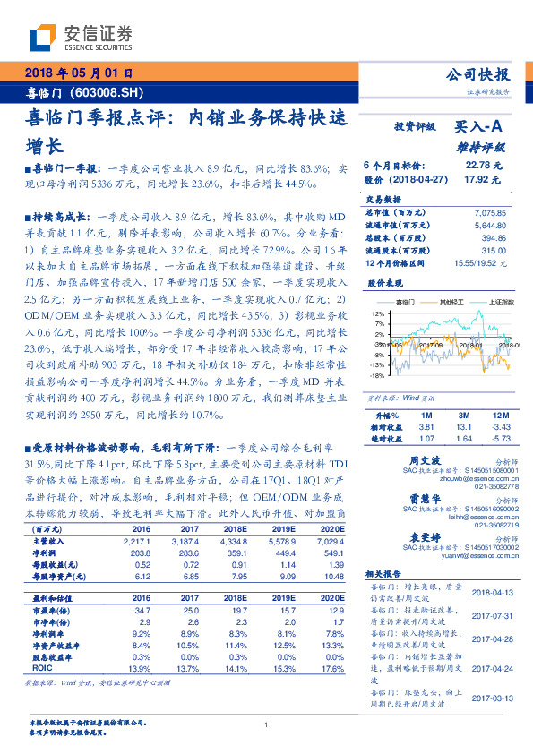 喜临门季报点评：内销业务保持快速增长