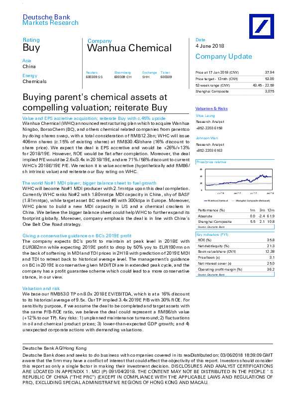 Buying parent's chemical assets at compelling valuation; reiterate Buy