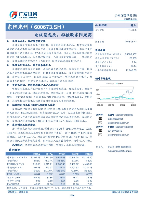 电极箔龙头，拟控股东阳光药