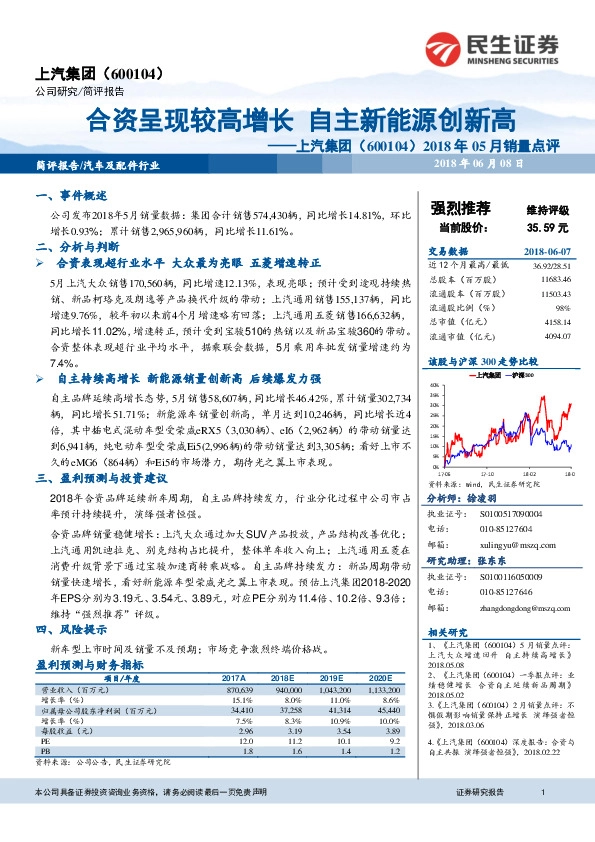 2018年05月销量点评：合资呈现较高增长 自主新能源创新高
