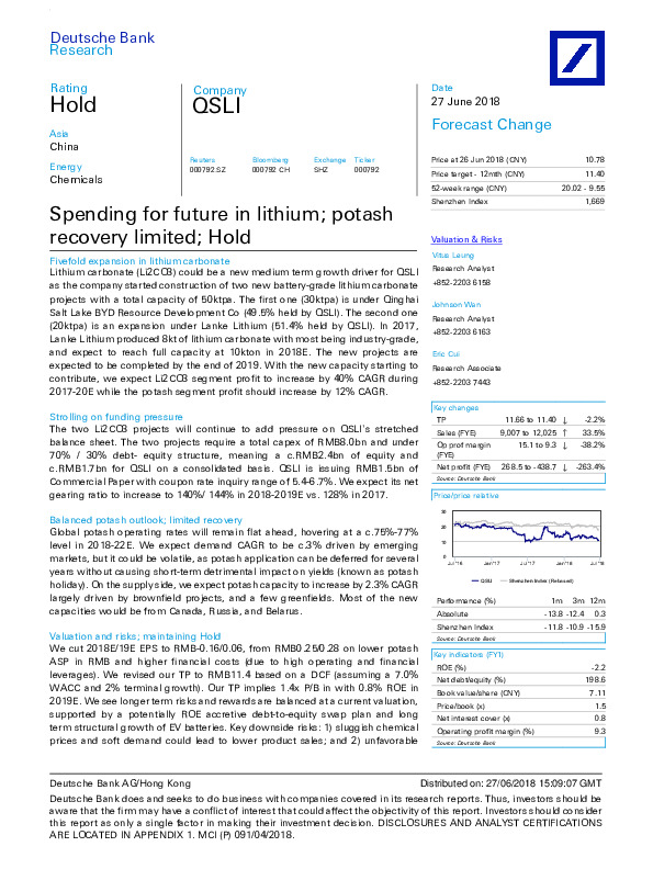 Spending for future in lithium; potash recovery limited; Hold