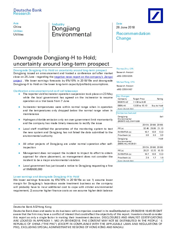 Downgrade Dongjiang-H to Hold;uncertainty around long-term prospect