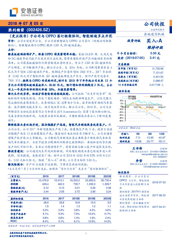 （更正报告）子公司与OPPO签订框架协议，智能制造多点开花