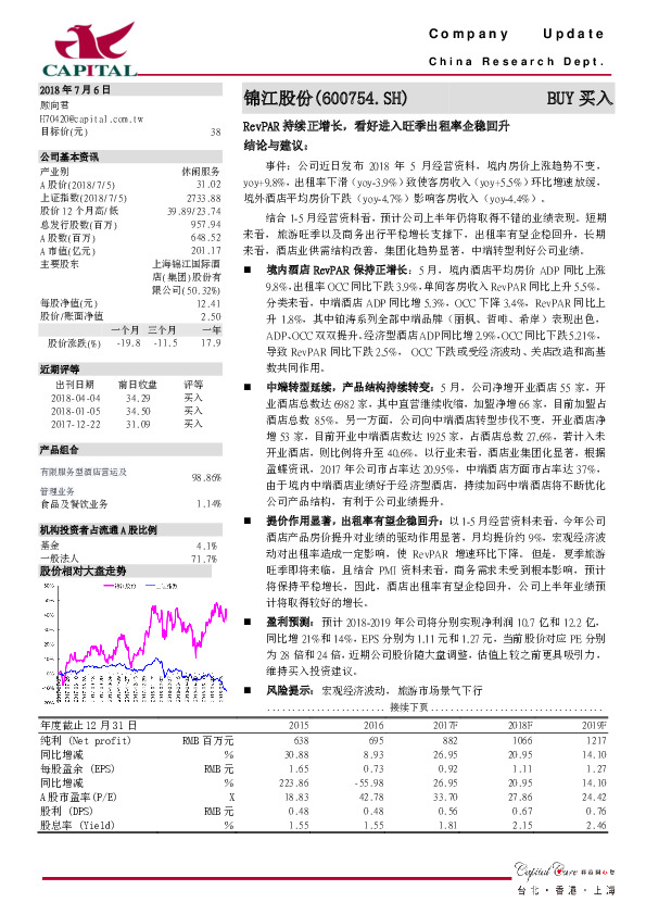 RevPAR持续正增长，看好进入旺季出租率企稳回升