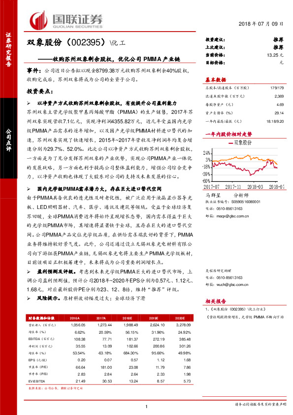 收购苏州双象剩余股权，优化公司PMMA产业链