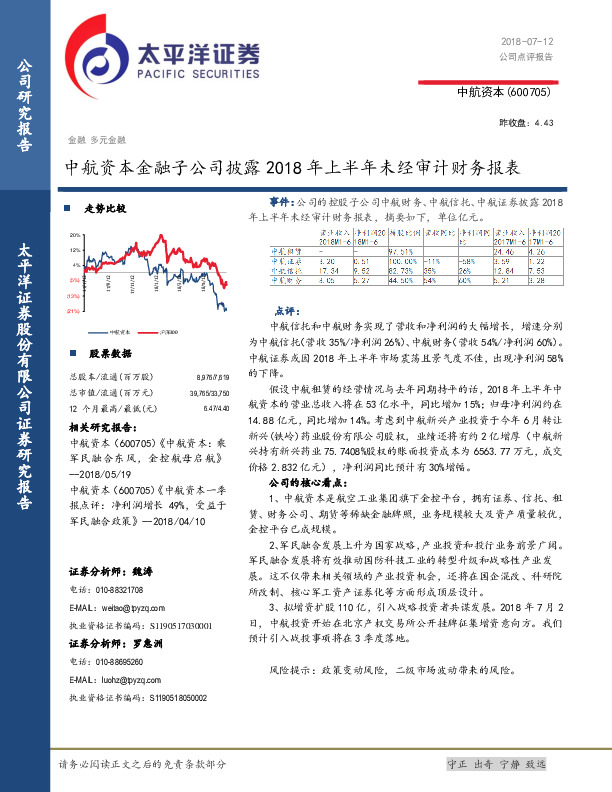 中航资本金融子公司披露2018年上半年未经审计财务报表