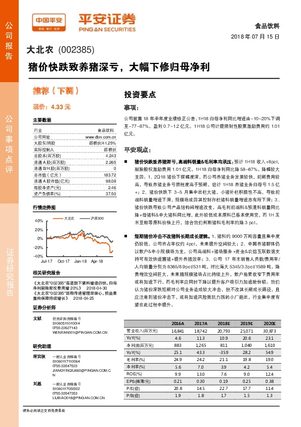 猪价快跌致养猪深亏，大幅下修归母净利