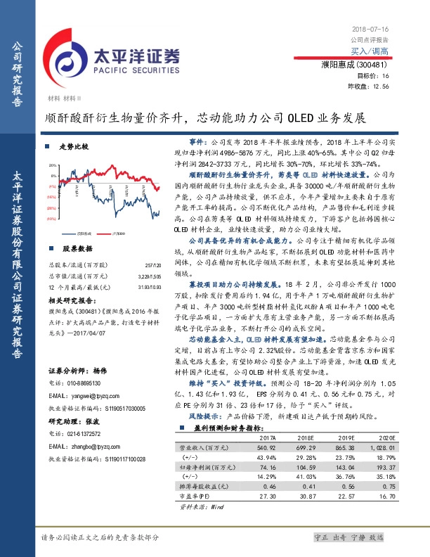 顺酐酸酐衍生物量价齐升，芯动能助力公司OLED业务发展