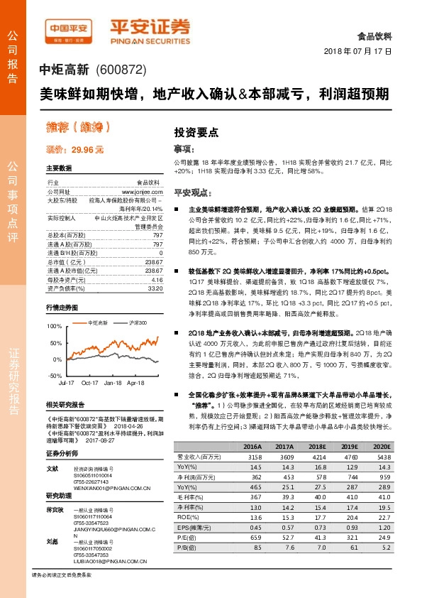 美味鲜如期快增，地产收入确认&本部减亏，利润超预期