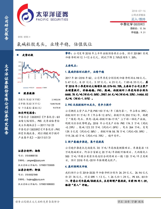 氯碱粘胶龙头，业绩平稳，估值低位