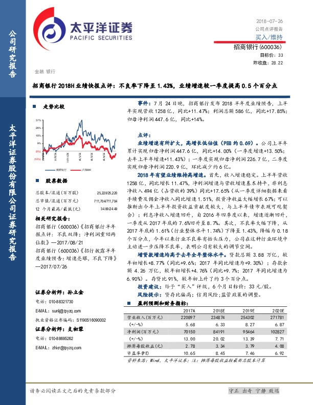 招商银行2018H业绩快报点评：不良率下降至1.43%，业绩增速较一季度提高0.5个百分点