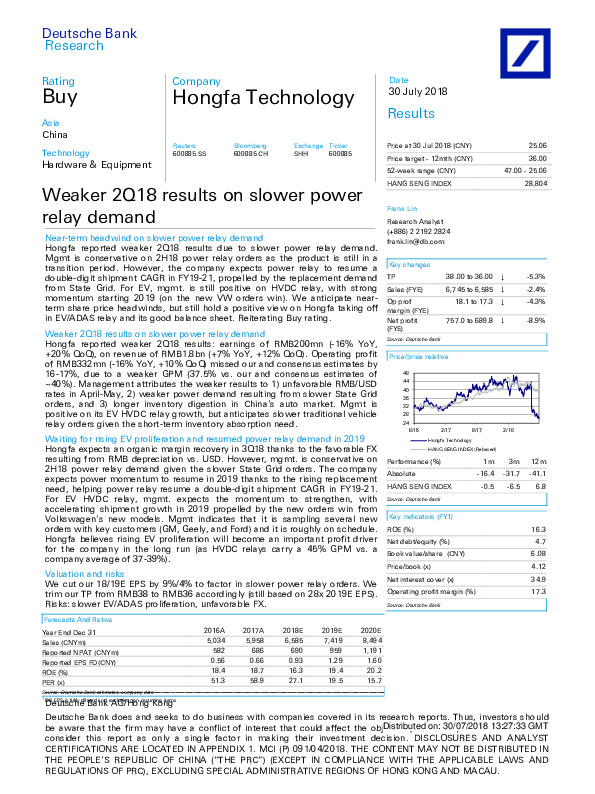 Weaker 2Q18 results on slower power relay demand