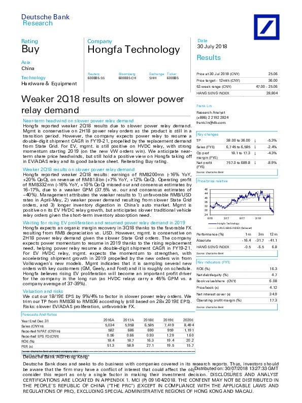 Weaker 2Q18 results on slower power relay demand