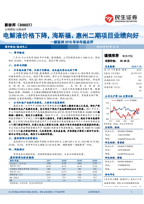 新宙邦2018年半年报点评：电解液价格下降，海斯福、惠州二期项目业绩向好