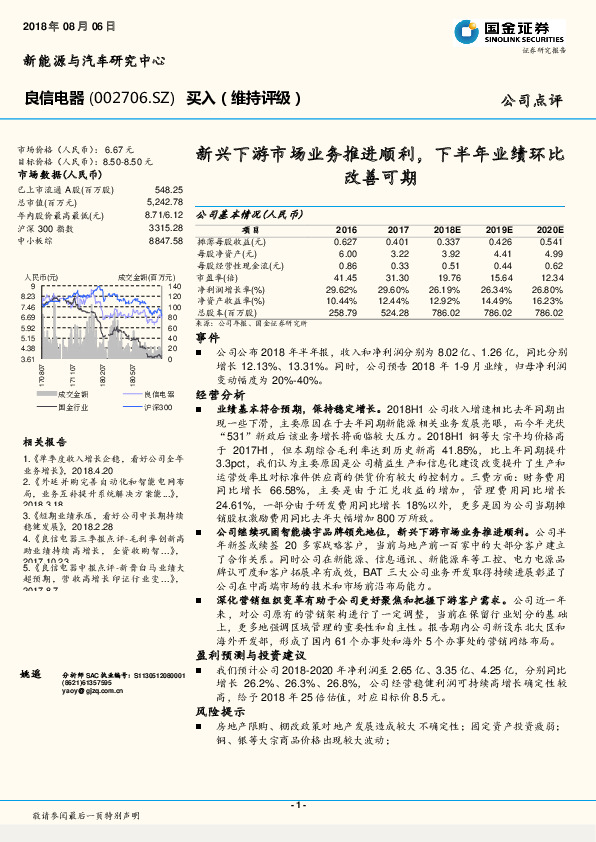 新兴下游市场业务推进顺利，下半年业绩环比改善可期
