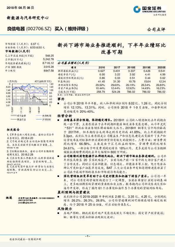 新兴下游市场业务推进顺利，下半年业绩环比改善可期
