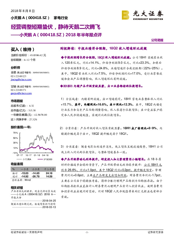 2018年半年报点评：经营调整短期蛰伏，静待天鹅二次腾飞