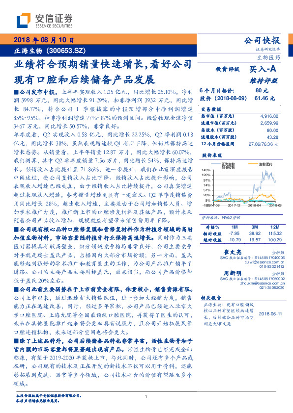 业绩符合预期销量快速增长，看好公司现有口腔和后续储备产品发展