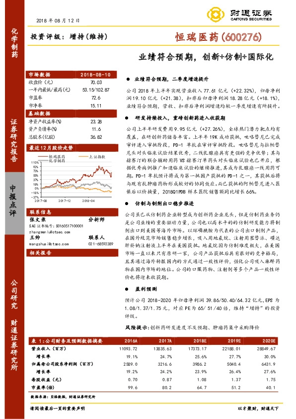 业绩符合预期，创新+仿制+国际化