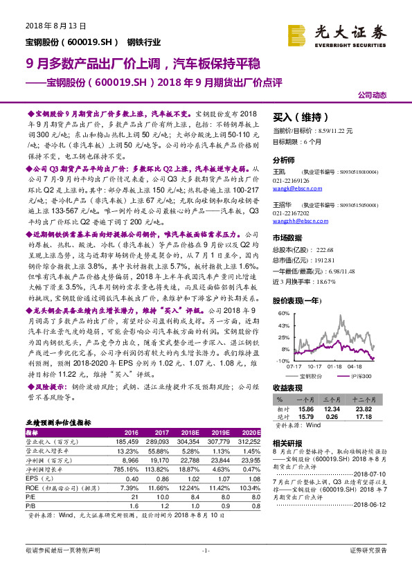 2018年9月期货出厂价点评：9月多数产品出厂价上调，汽车板保持平稳