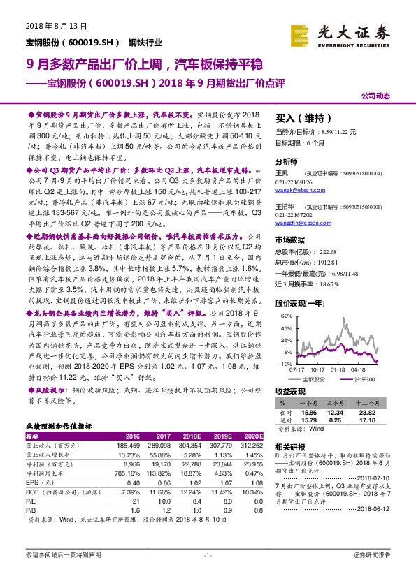 2018年9月期货出厂价点评：9月多数产品出厂价上调，汽车板保持平稳