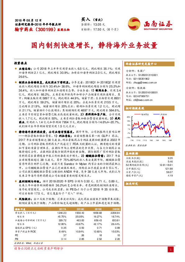 国内制剂快速增长，静待海外业务放量