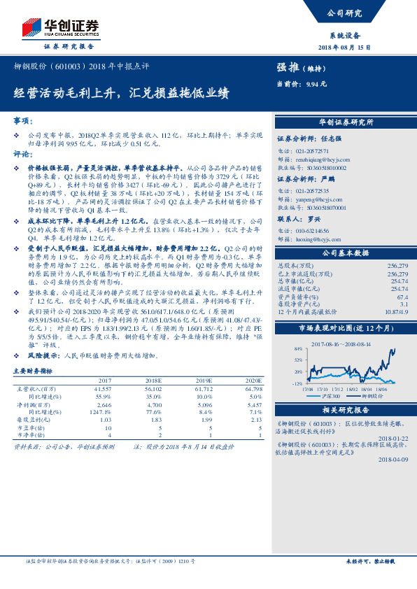 2018年中报点评：经营活动毛利上升，汇兑损益拖低业绩