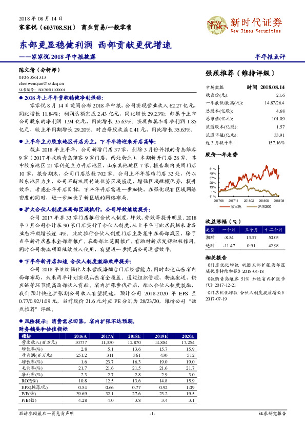 家家悦2018年中报披露：东部更显稳健利润 西部贡献更优增速